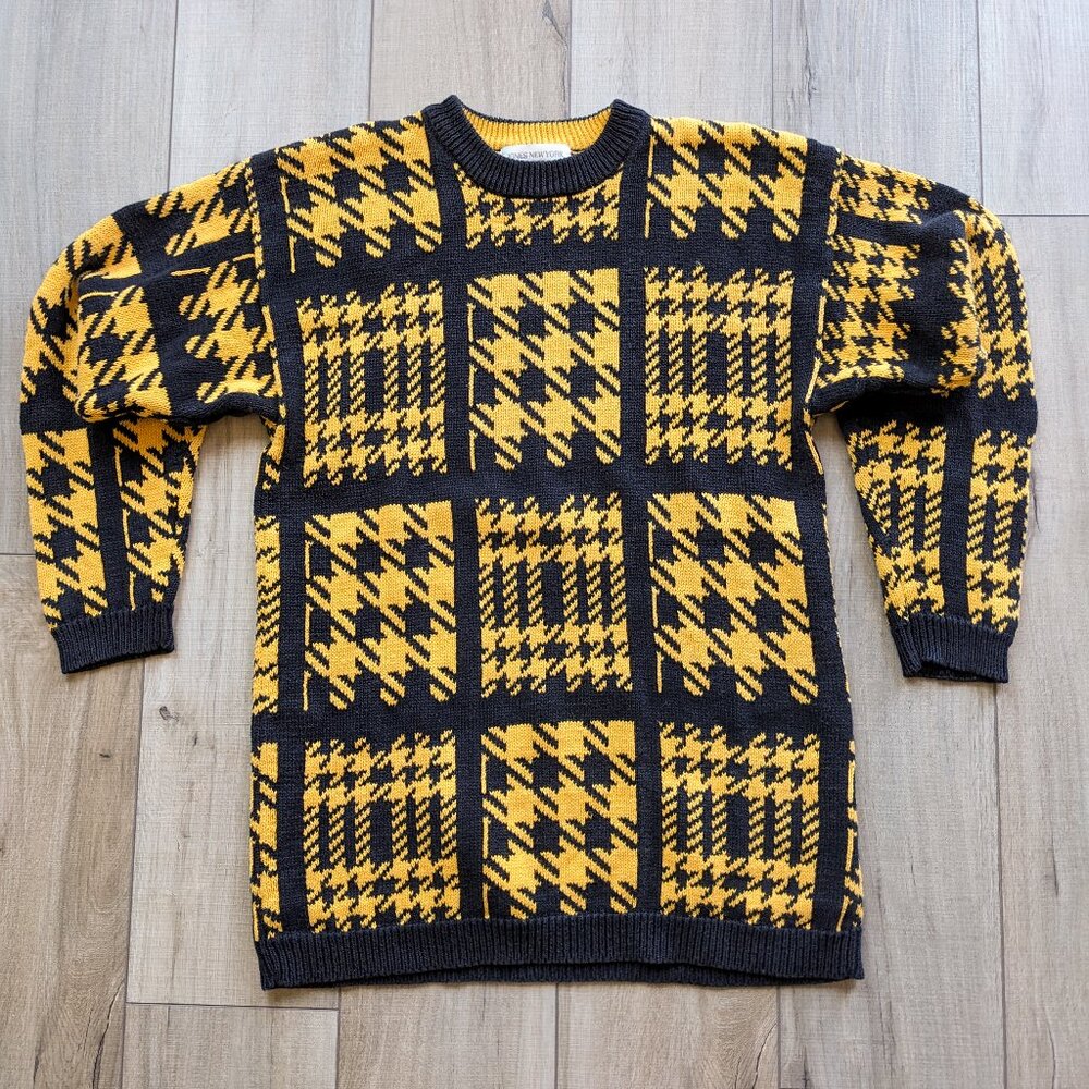 Vtg Jones New York Houndstooth Sweater Womens Small Plaid Black Yellow Preppy